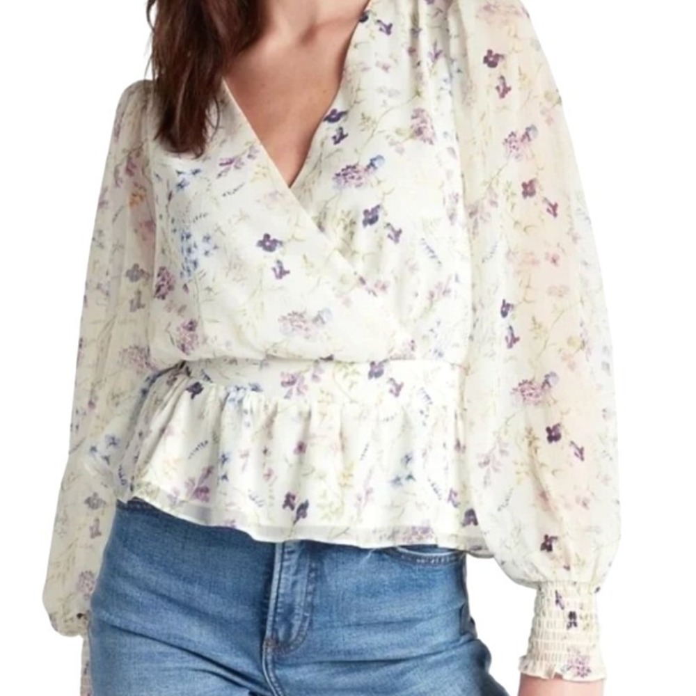 Express NWT Womens Floral Chiffon Peplum Wrap Long Sleeve Purple‎ Cream Size M